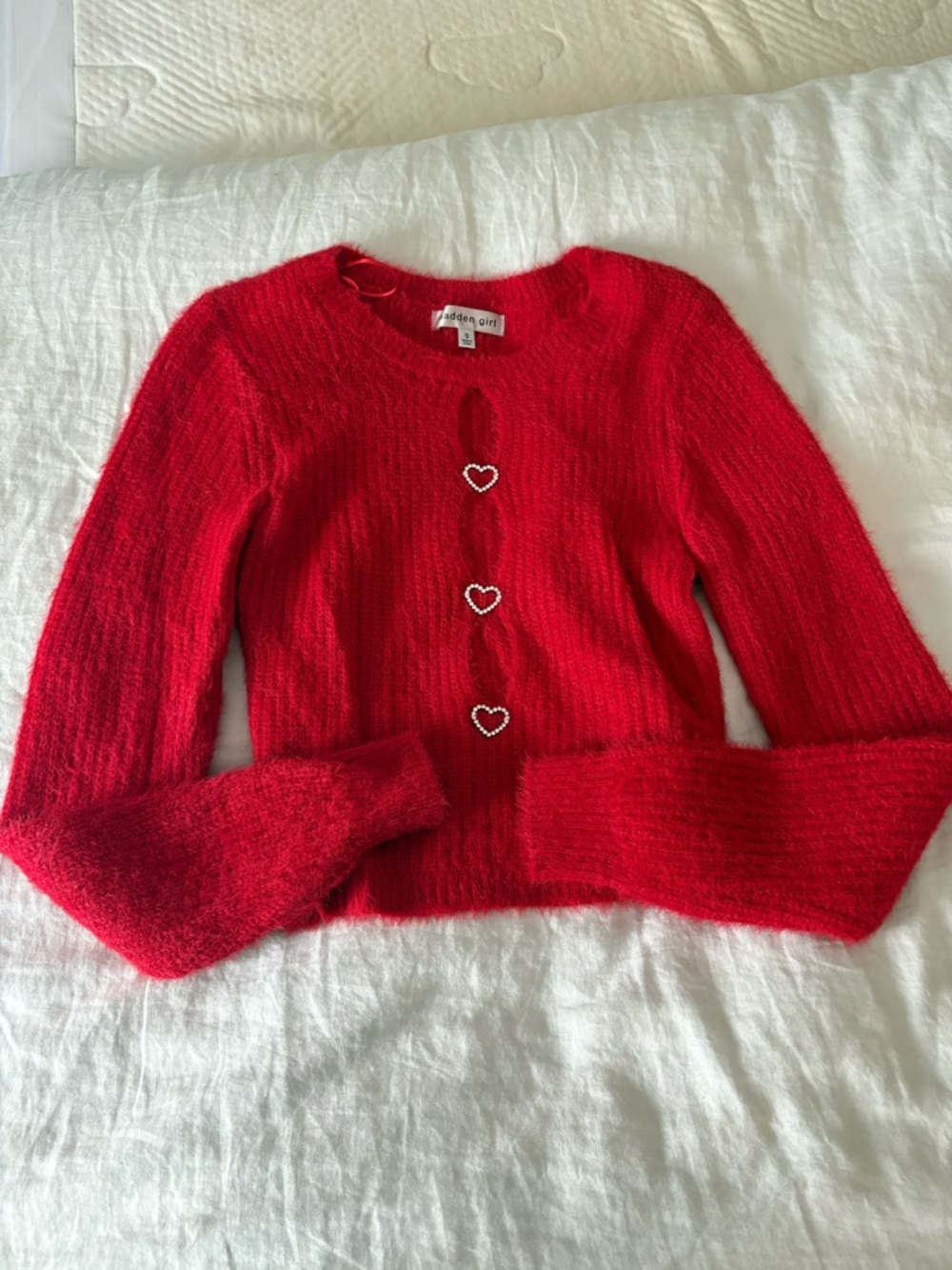 Madden Girl Red Mohair-Blend Heart Button Cropped Sweater